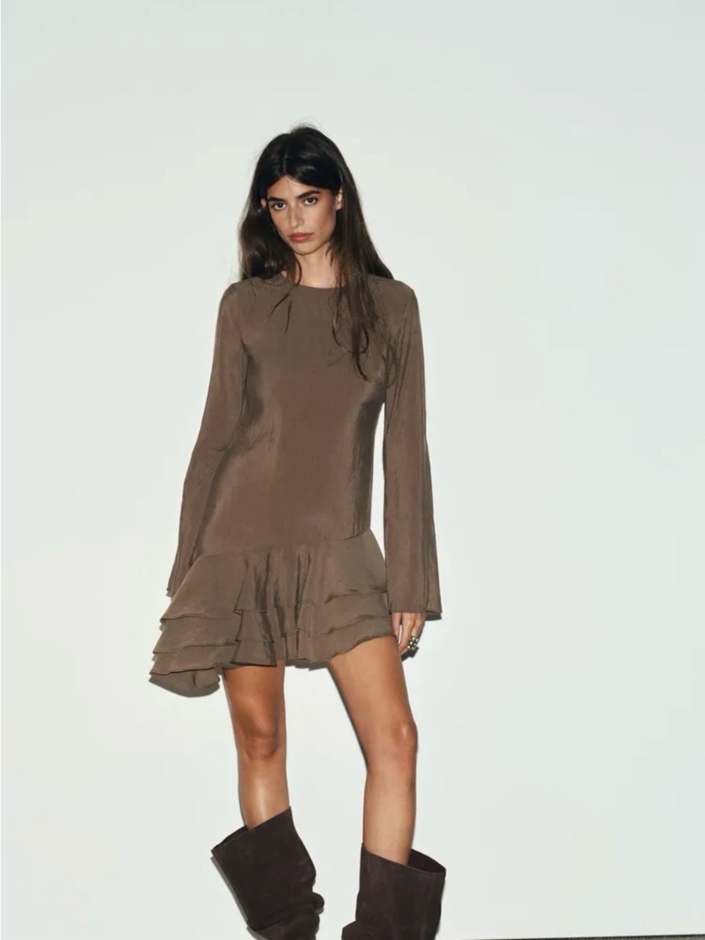 Zara Brown Long-Sleeve Mini Dress with Ruffle Hem